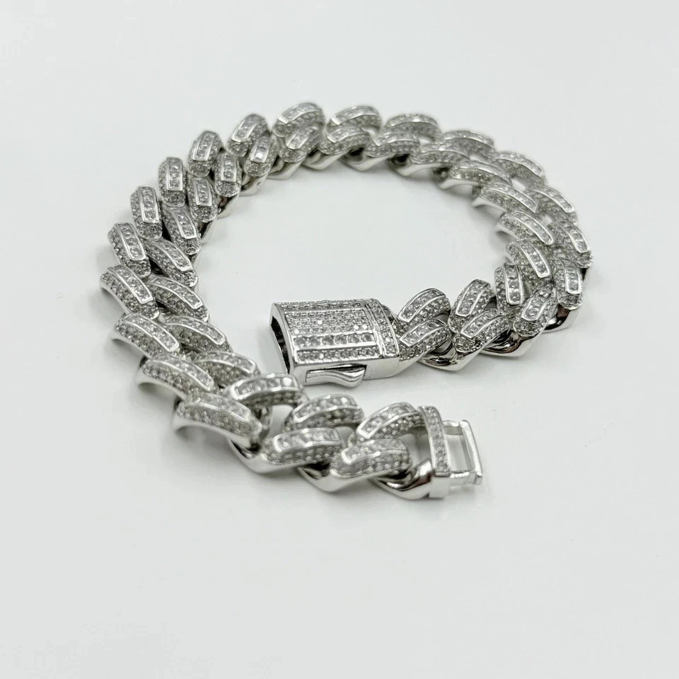 10 Ct Round Cut Simulated Diamond Cuban Link Bracelet 14k White Gold Plated