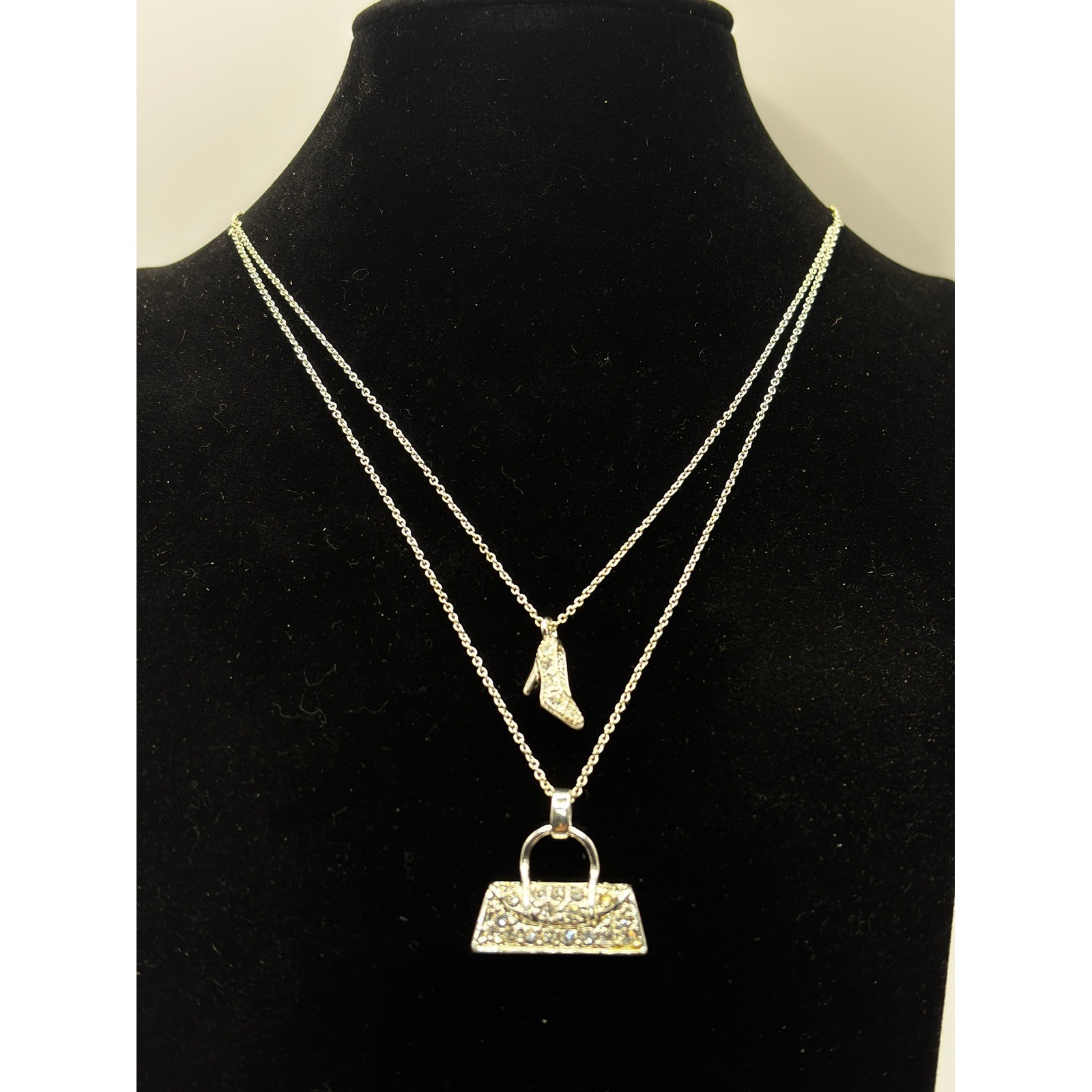 Social Gallery Silver Tone Layer Necklace Rhinestone Heel and Handbag Charms 16″