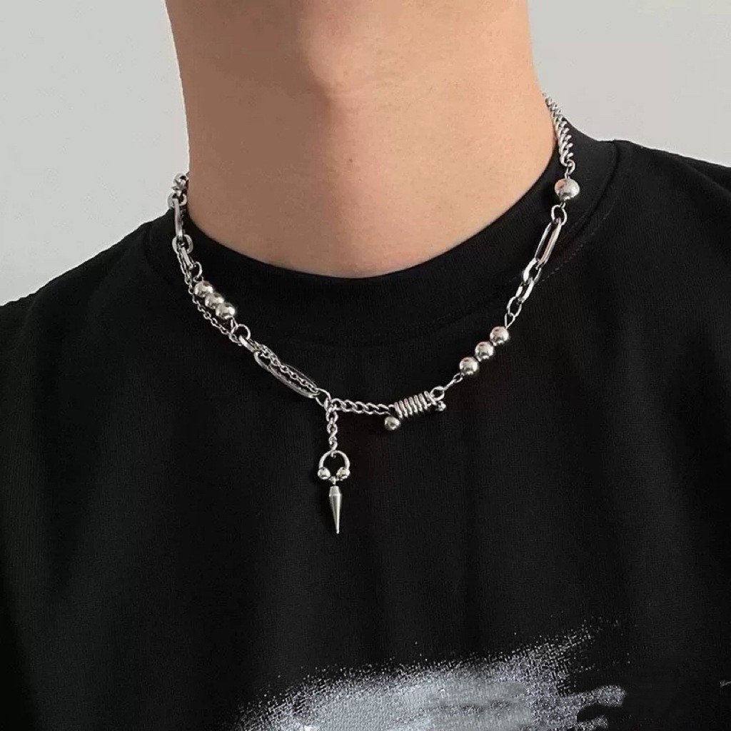 Mixed Bead Cone Pendant Necklace Stainless Steel Silver Men Cool Stack Necklace