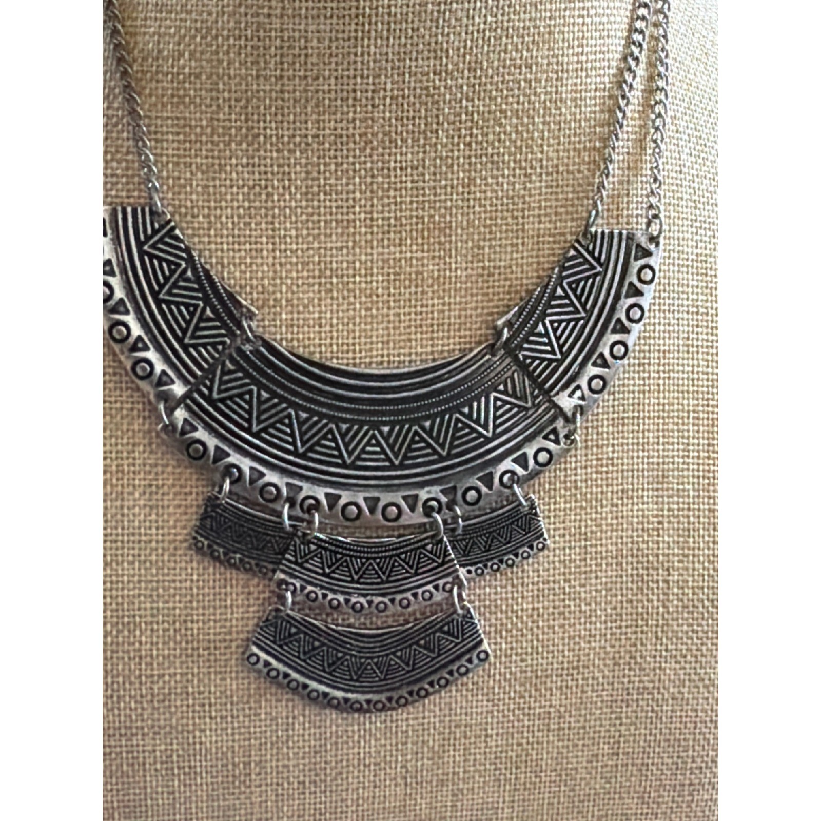 Bohemian Antiqued Silver Geometric Etched Tiered Tribal Statement Bib Necklace