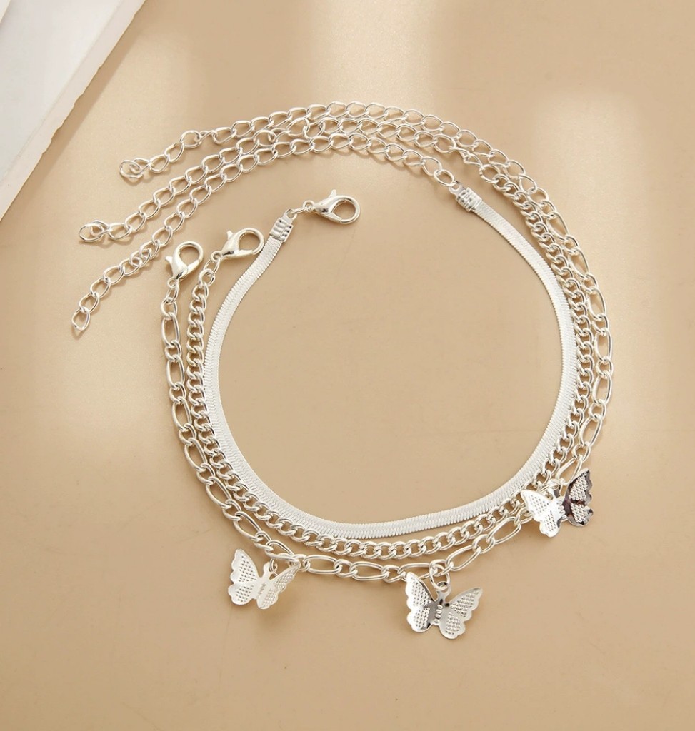 Women’s Silver Plated Alloy Butterfly Pendant Layered Anklets Chain 3-pcs set