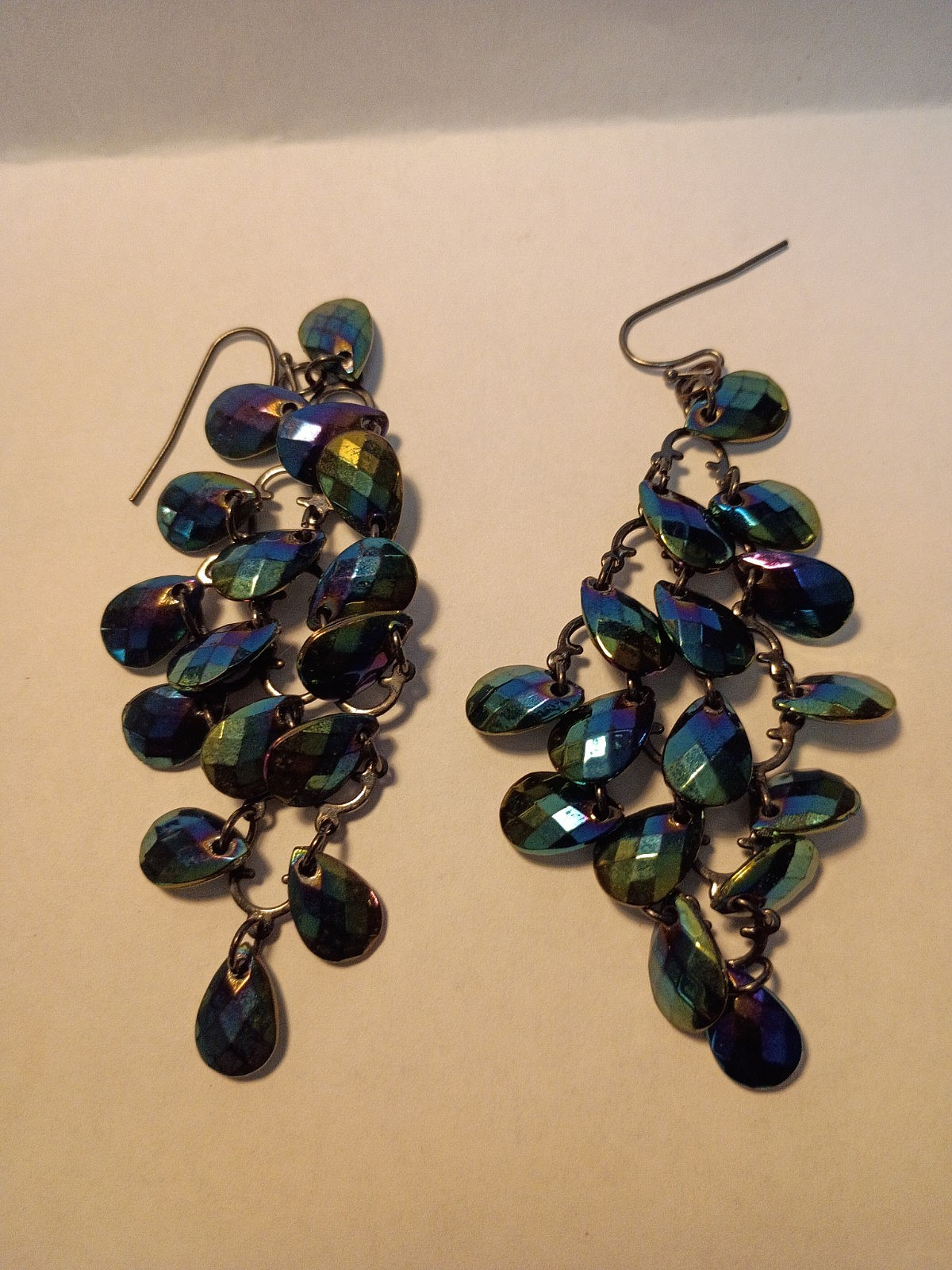 Vintage Iridescent Peacock Chandelier Dangle Earrings