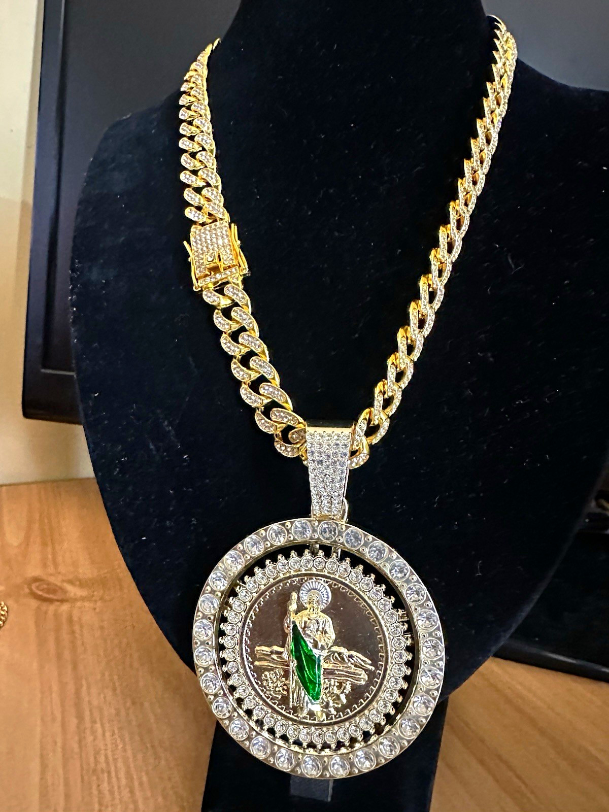 Gold Tone Cuban Link Chain Necklace w/ Religious Round Medal Pavé Rhinestone