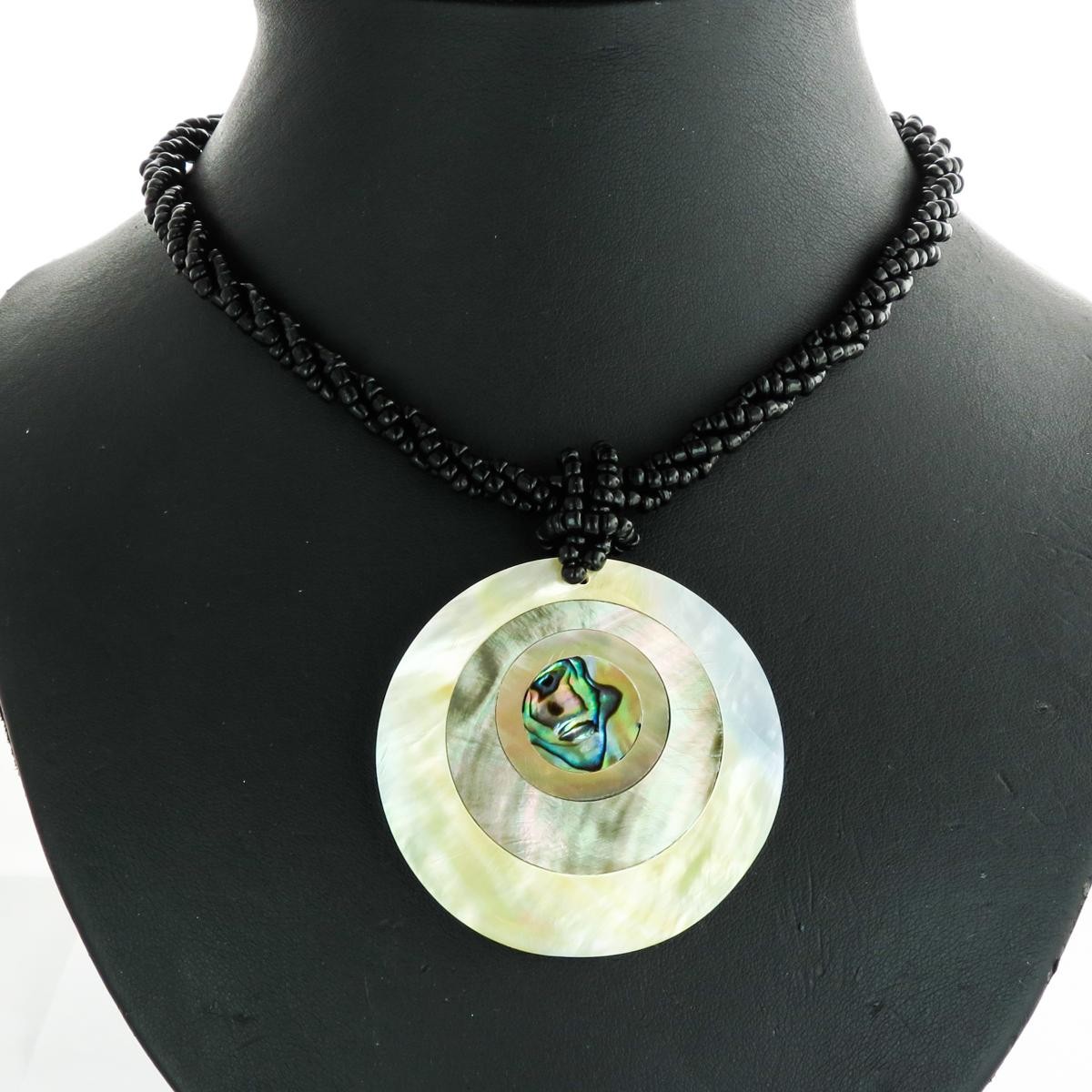 Mother Of Pearl Paua Abalone Black Beaded Necklace & Earring Set, 2″