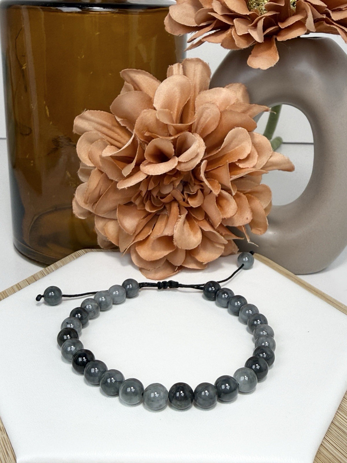 Wuji Jadeite on Adjustable Nylon Sliding Knot Grey Bead Bracelet 7.2MM