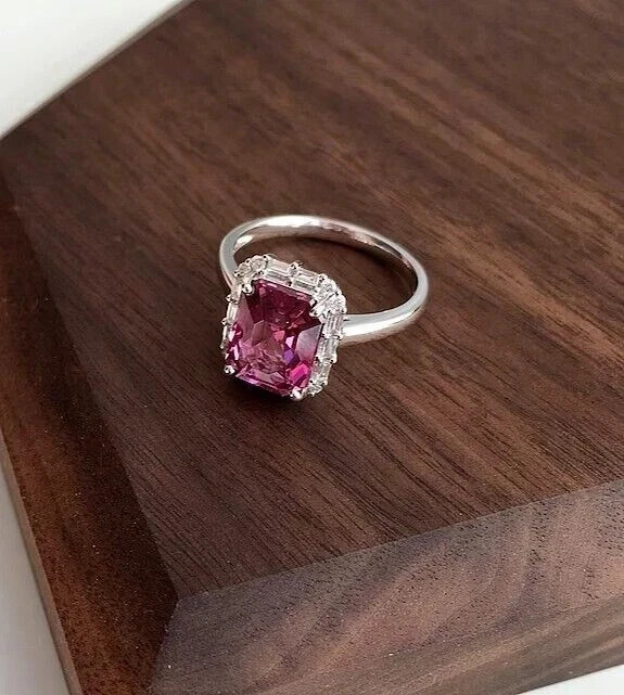 3.70 Ct Emerald Cut Natural Pink Ruby Halo Wedding Ring 14k White Gold Size 8