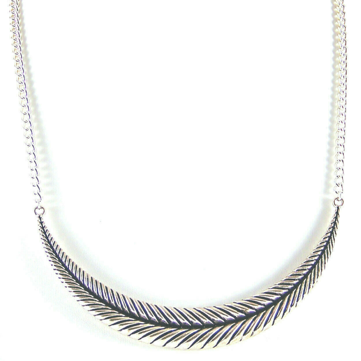 Necklace Half Moon Shape Curved Bar Textured Silvertone Metal On A Chain 20″Long