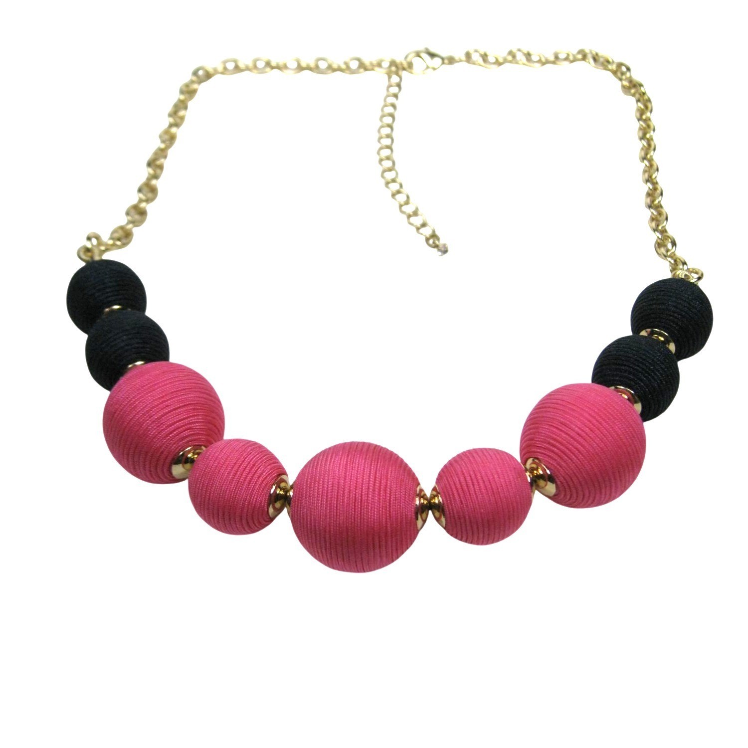 Thread Wrapped Sphere Beaded Statement Necklace Pink Gold Tone Chain 19 in