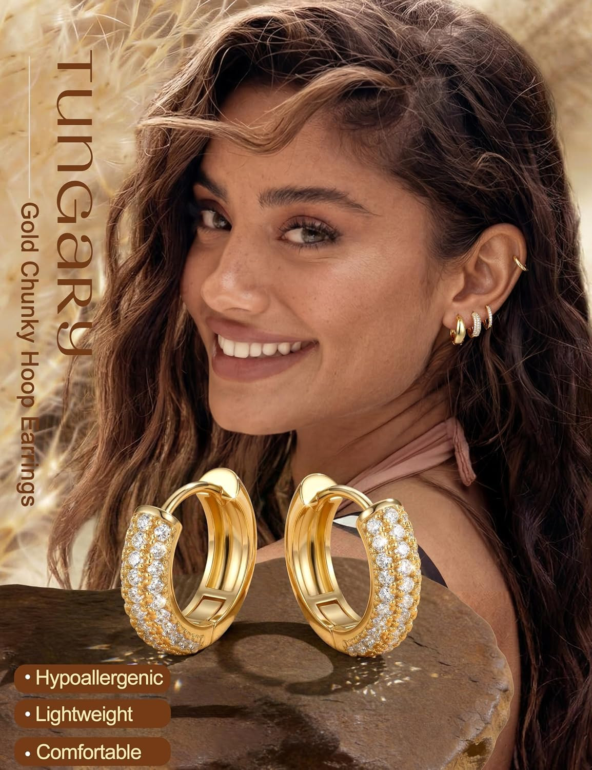14K Gold Plated Chunky Hoop Earrings for Women Hypoallergenic – 4 Pairs Non Tarn