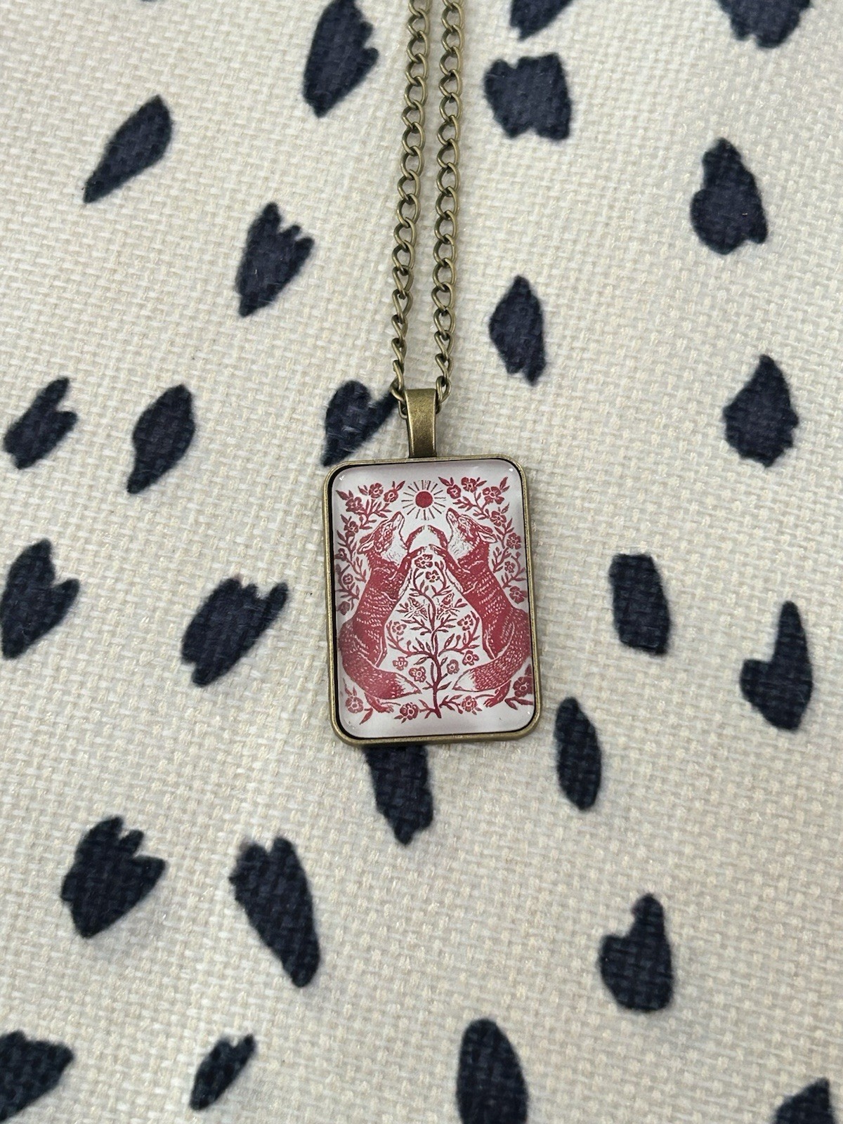 Antique Brass Flora And Fauna Fox Pendant Necklace Ivory/Deep Red 1.5”x1”