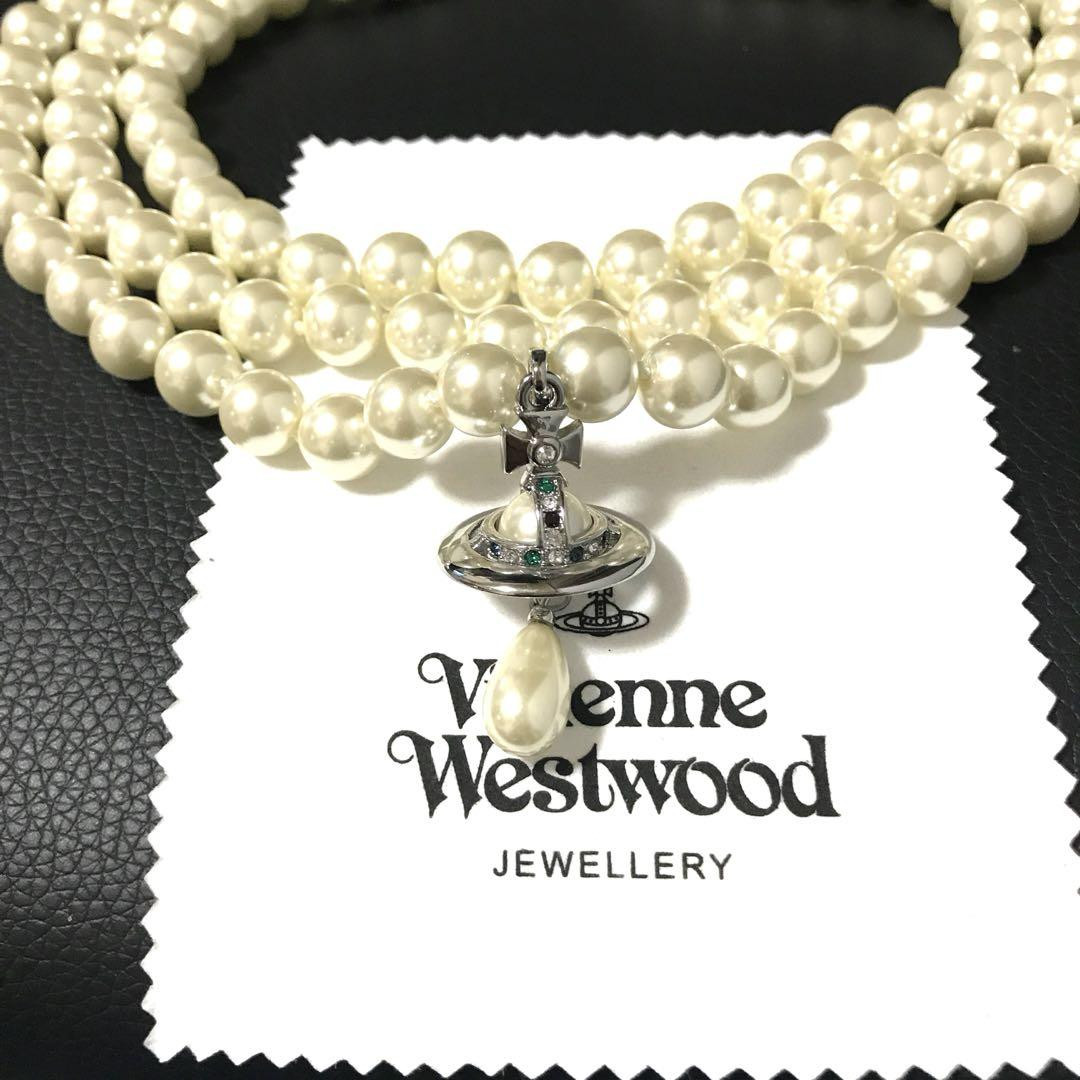 Vivienne Westwood necklace triple Fake pearl drop silver White In Box/Drawstring