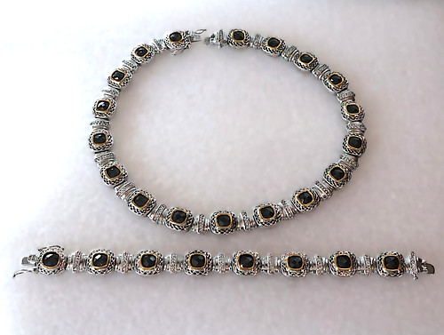 Designer Inspired Necklace Bracelet Set Two Tone Black Faceted Crystals N549