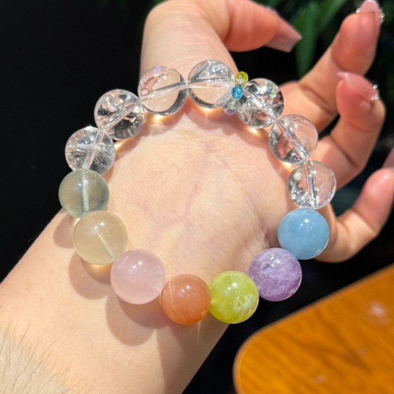 14mm Natural Rainbow multi-gemstone crystal, aquamarine, white crystal bracelet