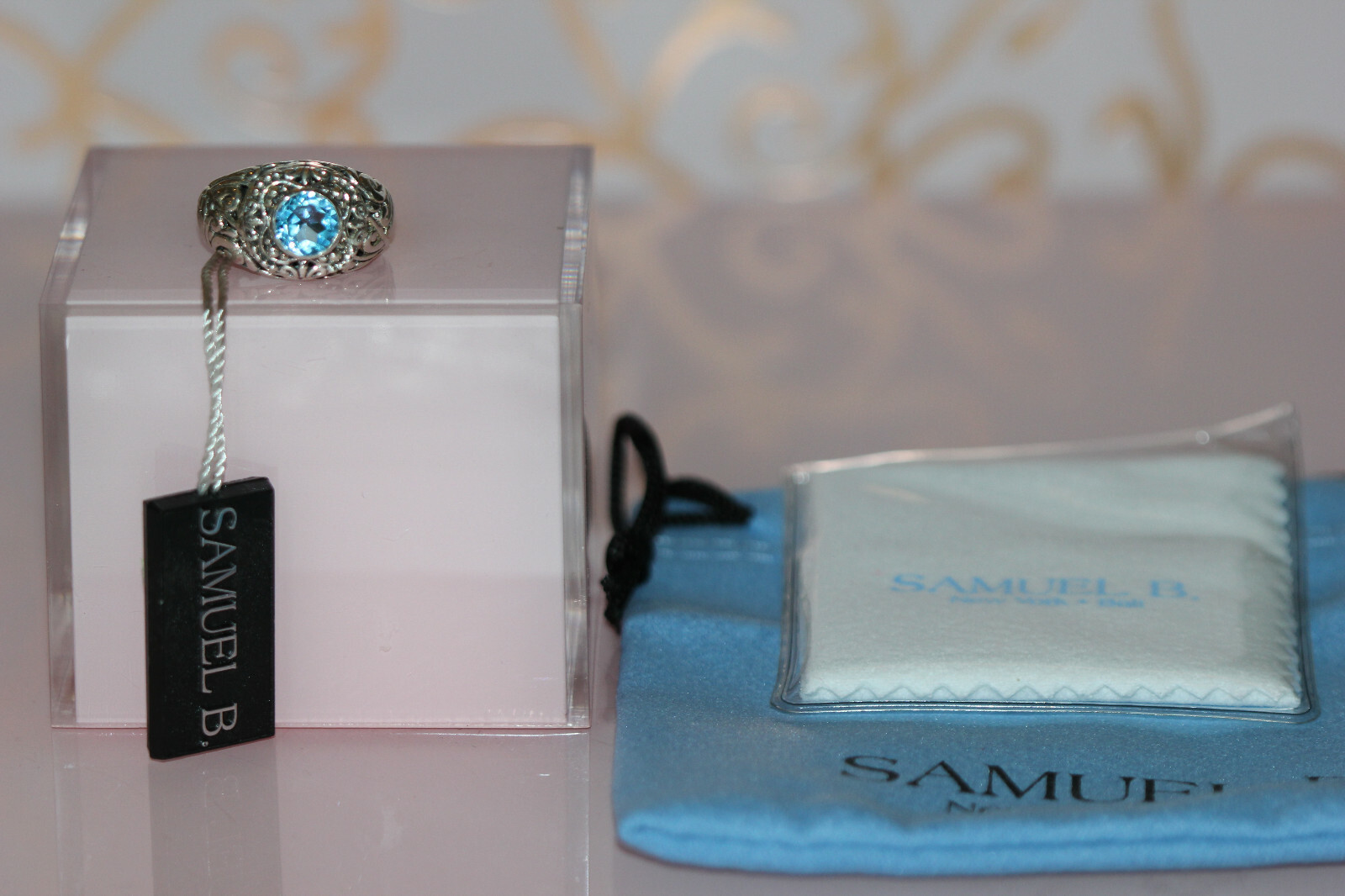 NWT Samuel B. Blue Topaz Sterling Silver Filigree Ring sz 7 polish cloth & bag