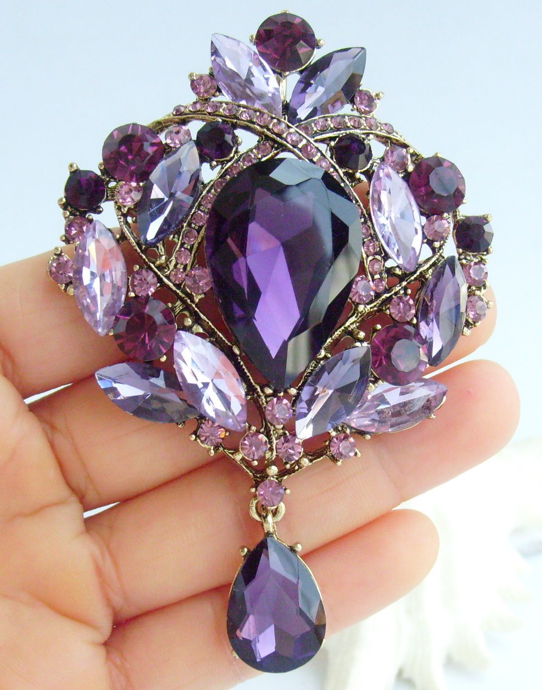 Luxury 3.54″ Purple Rhinestone Crystal Teardrop Brooch Pin Pendant 04082C7