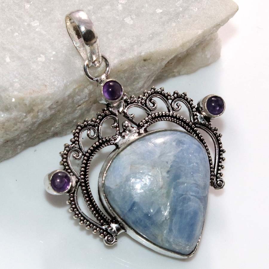 925 Silver Plated Long Blue Kyanite Natural Amethyst Pendant 2.1″ Trendy MJ
