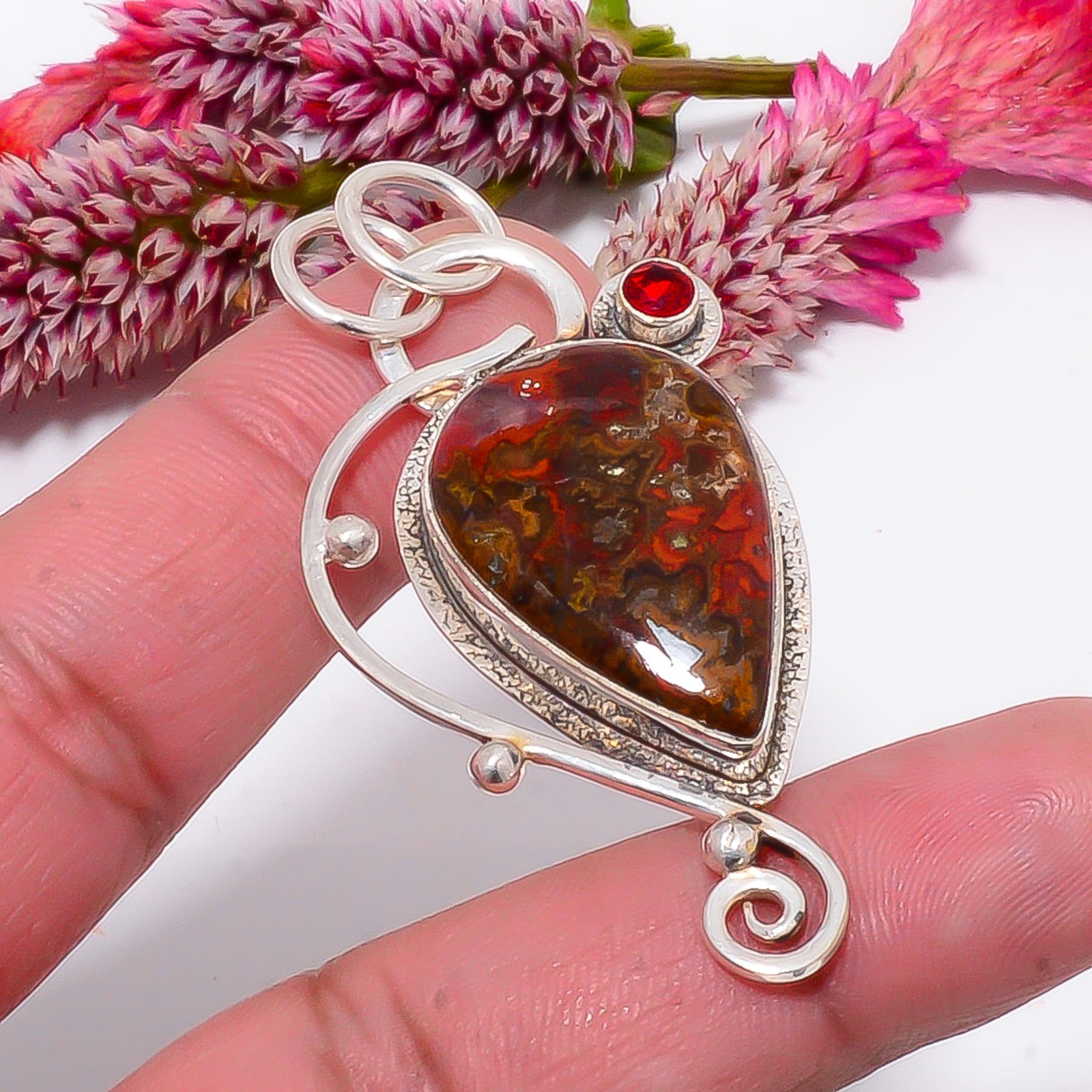 Seam Agate – Morocco & Red Garnet 925 Sterling Silver Pendant 2.26″ sku49
