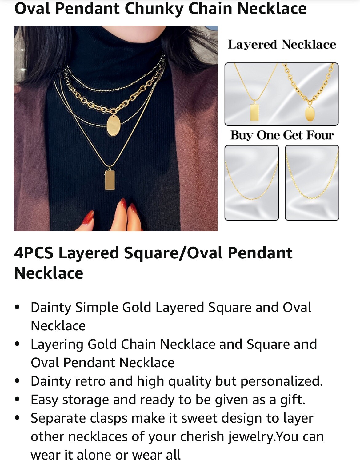 4PCS Gold Layered Necklace Set: bead,thin bead, oval square pendant chunky chain