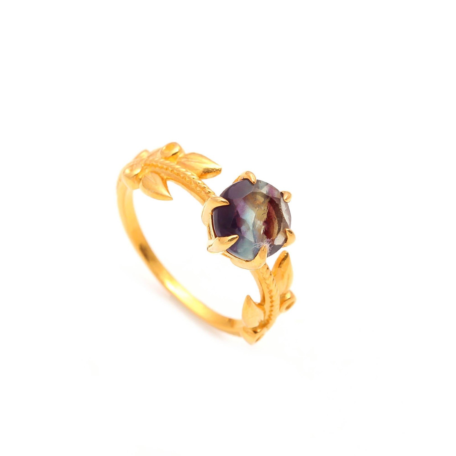 Natural Rainbow Fluorite Round Leaf Ring 925 Sterling Silver Gold Plated Jewelry