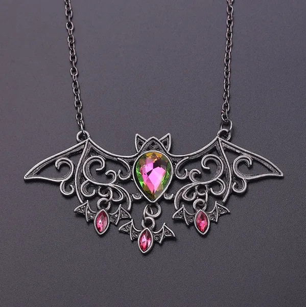 Gothic Bat Pendant Necklace, Mother with Baby Bats, Halloween Vampire, Crystals