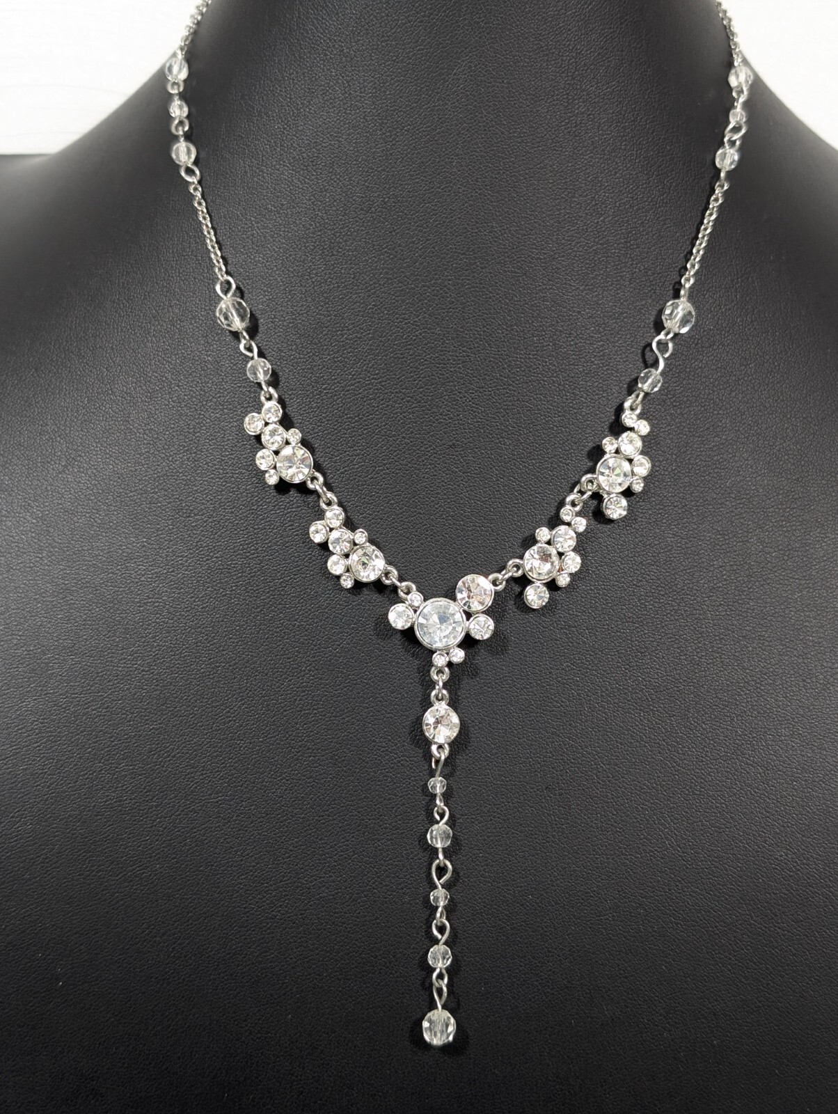 Silver Tone Clear Rhinestone Y-Drop Neckalce Bridal Wedding 19 in