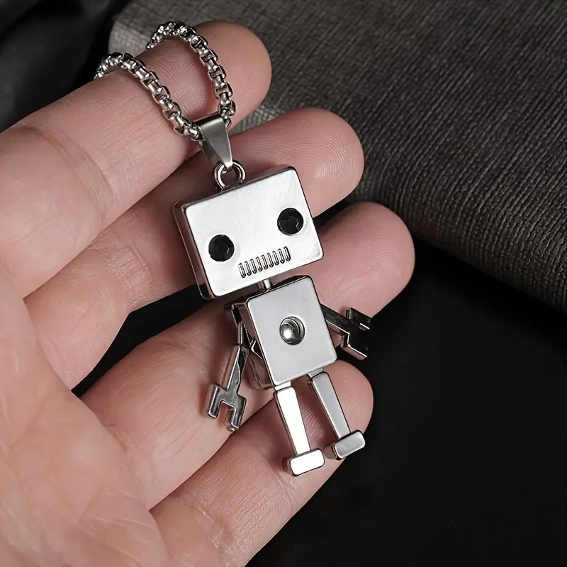 Silver Robot Pendant Necklace Cute Cartoon Toy Figure Geek Gamer Gift Unisex