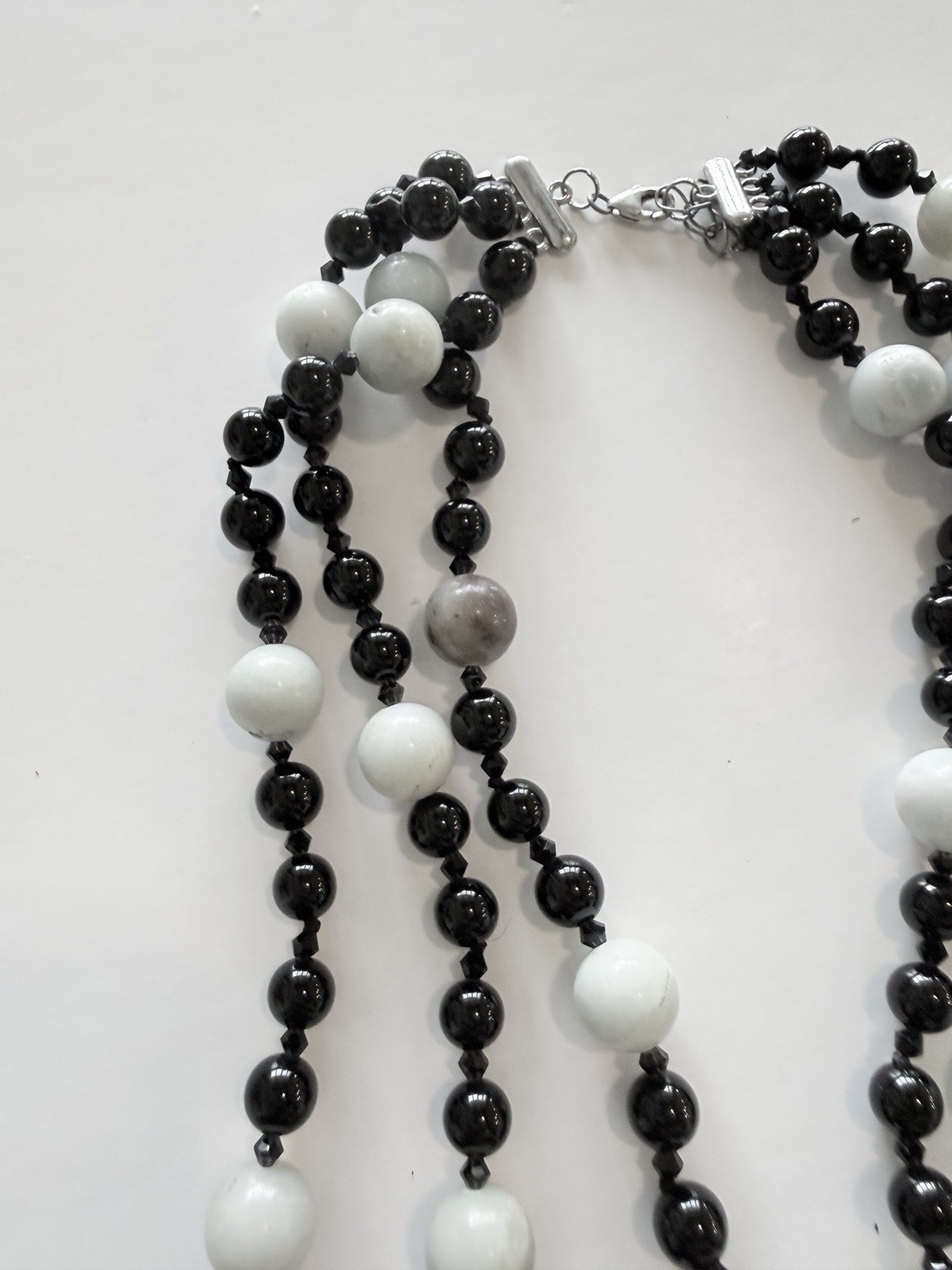 Black White Gray Glass Beaded Multi-Strand Layered Necklace Toggle Closure