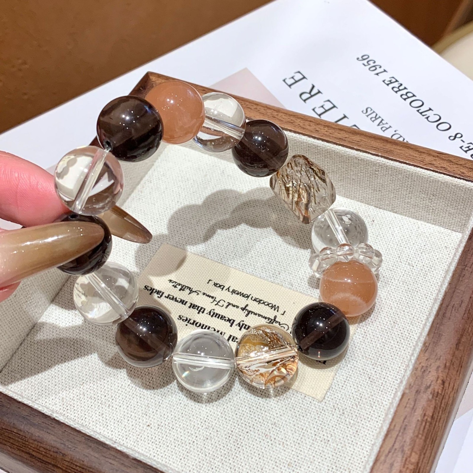 Natural White Crystal Smoky Crystal 12-14mm Beaded Stretch Bracelet Gift