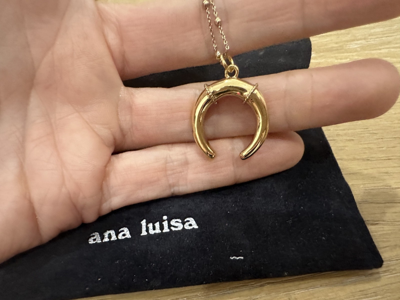 Ana Luisa Gold Vermeil Crescent Moon Horn Necklace Pendant Beaded Chain + BONUS