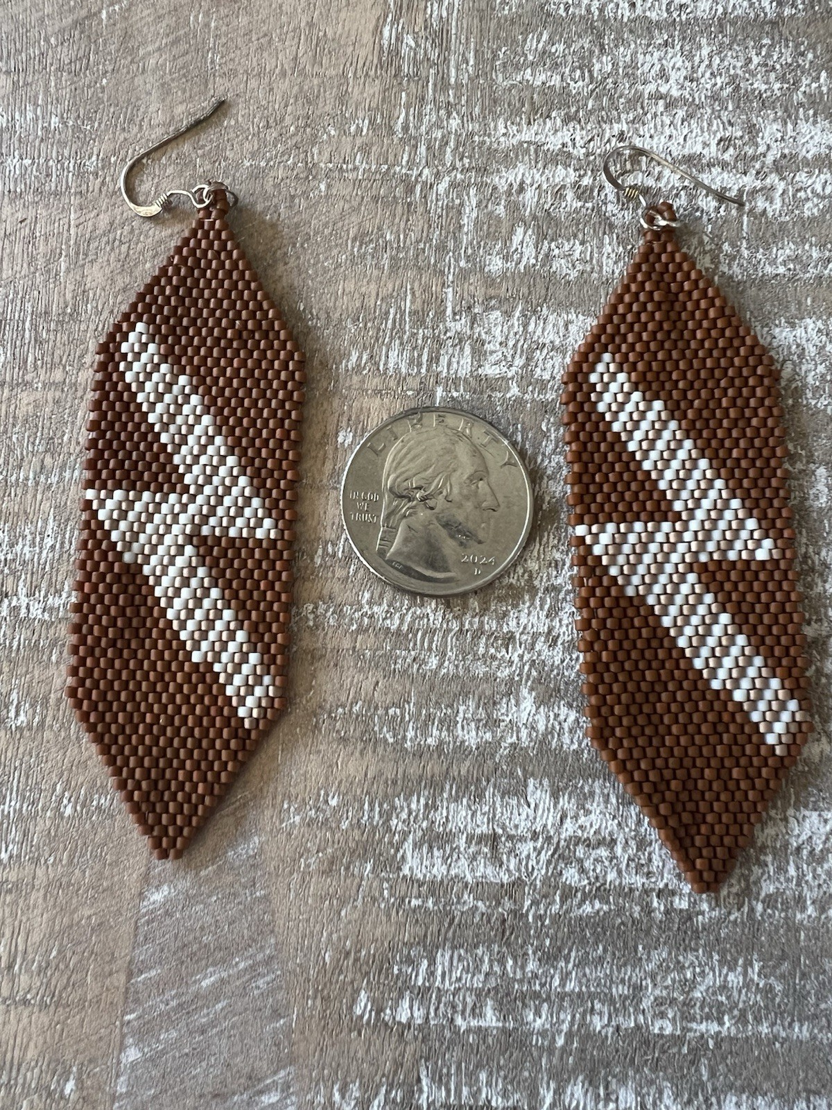Brown White Bolt Beaded Glass Drop Earrings Hook Closure