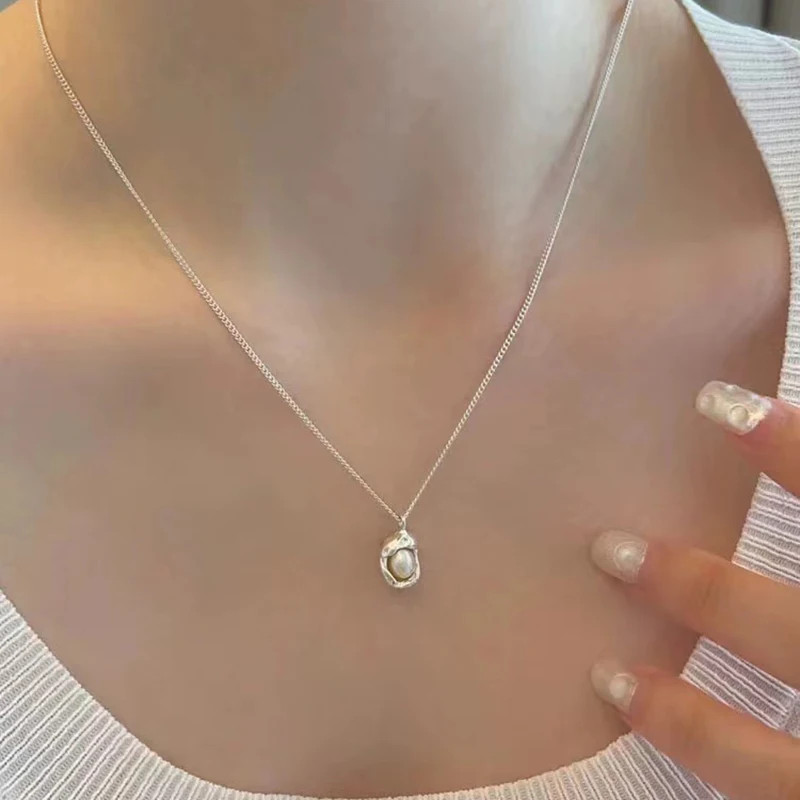 Sterling Silver Necklace Pearl Geometric Pendant Choker Vintage Women Jewelry