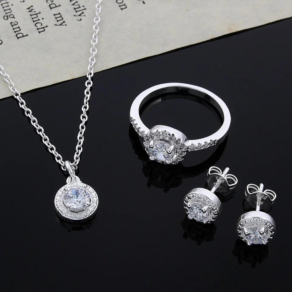 925 Sterling Silver Jewelry Set Women Crystal Necklace Earrings Ring 3PCS
