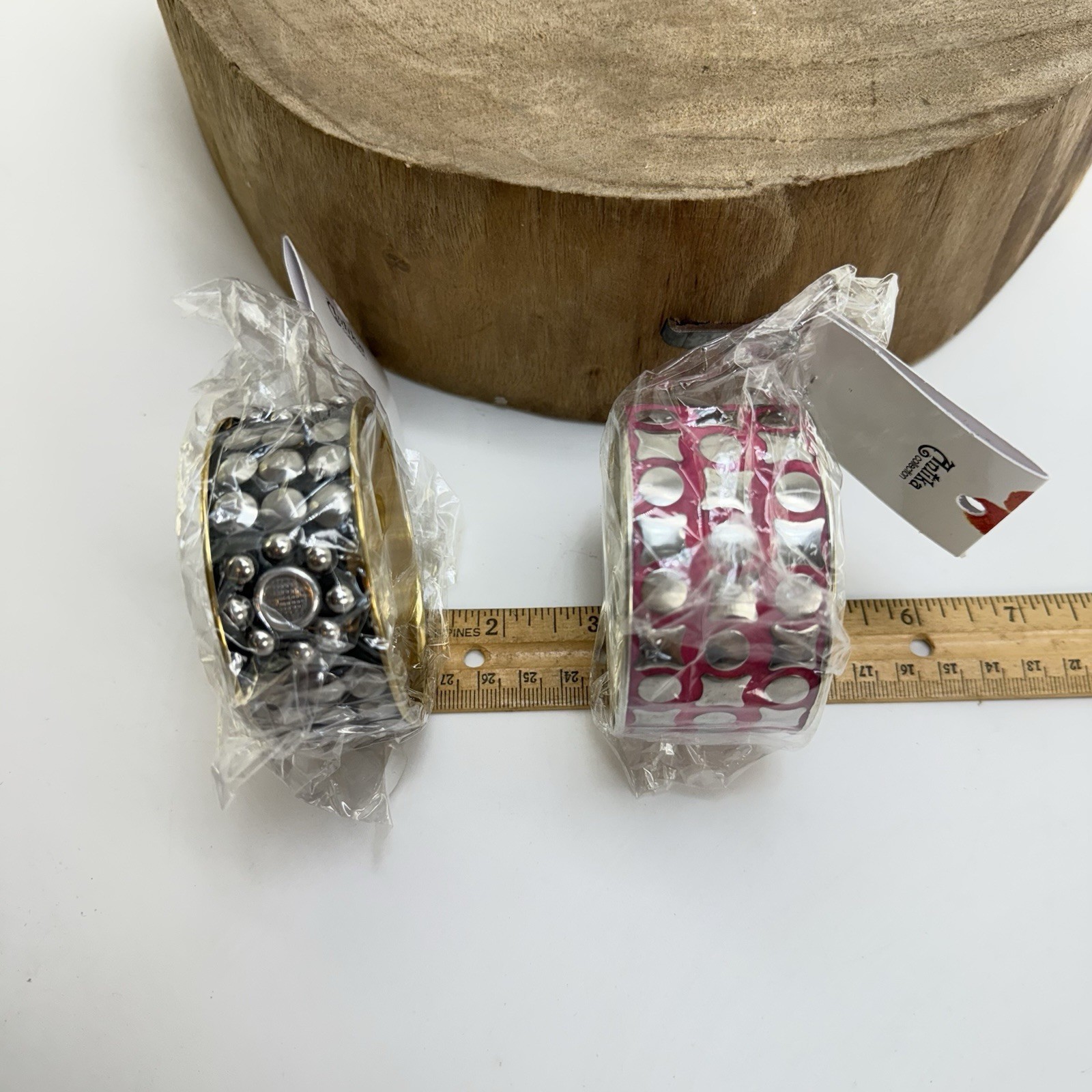Two NWT Antika Collection Wide Metal Bangles Pink Geometric & Black Studded