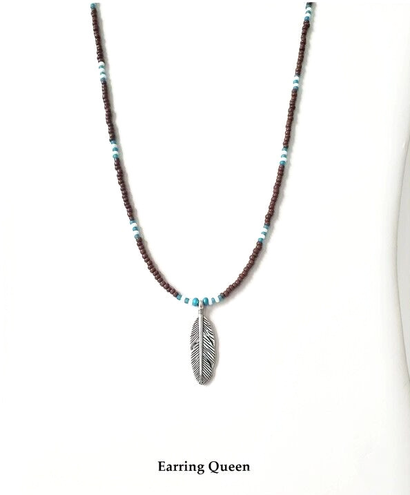 Brown & Turquoise Seed Bead Men Necklace 18 in Feather Pendant Necklace