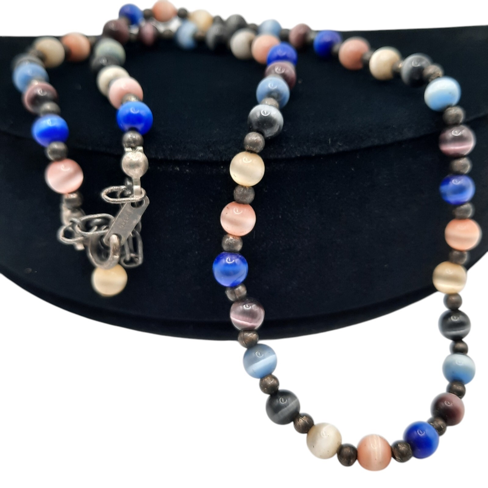 Sterling Silver & Cat Eye Glass Beaded Necklace 16-17.5″ Multicolor 5mm Jordan
