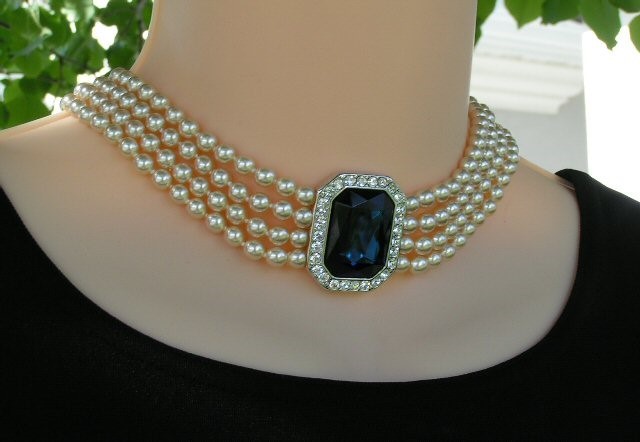 KENNETH JAY LANE KJL PRINCESS DIANA PEARL SAPPHIRE CRYSTAL NECKLACE/EARRINGS SET