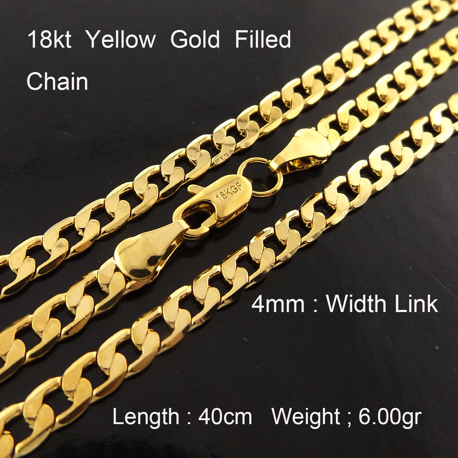 Necklace Real 18Kt Yellow Gold Filled Solid 4mm Curb Cuban Chain 40 cm : 16 inch