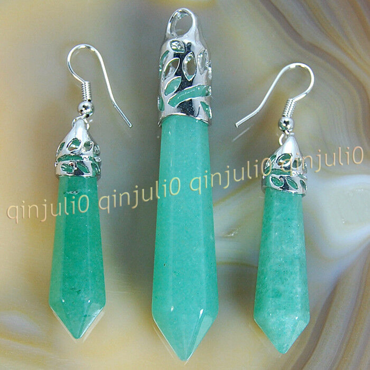 1 Set Natural Gemstones Hexagonal Pointed Reiki Chakra Pendant Earrings Jewelry