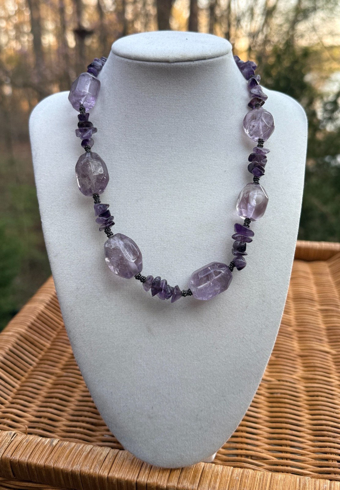 Vtg Genuine Amethyst Chip Crystal Stone Beaded Necklace 17 Inches Boho Purple