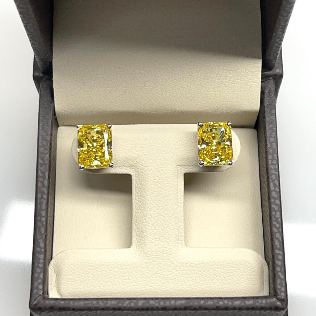 6 TCW Fancy Canary Studs Earrings Light Yellow Man Made Radiant Cut Diamonds 14k