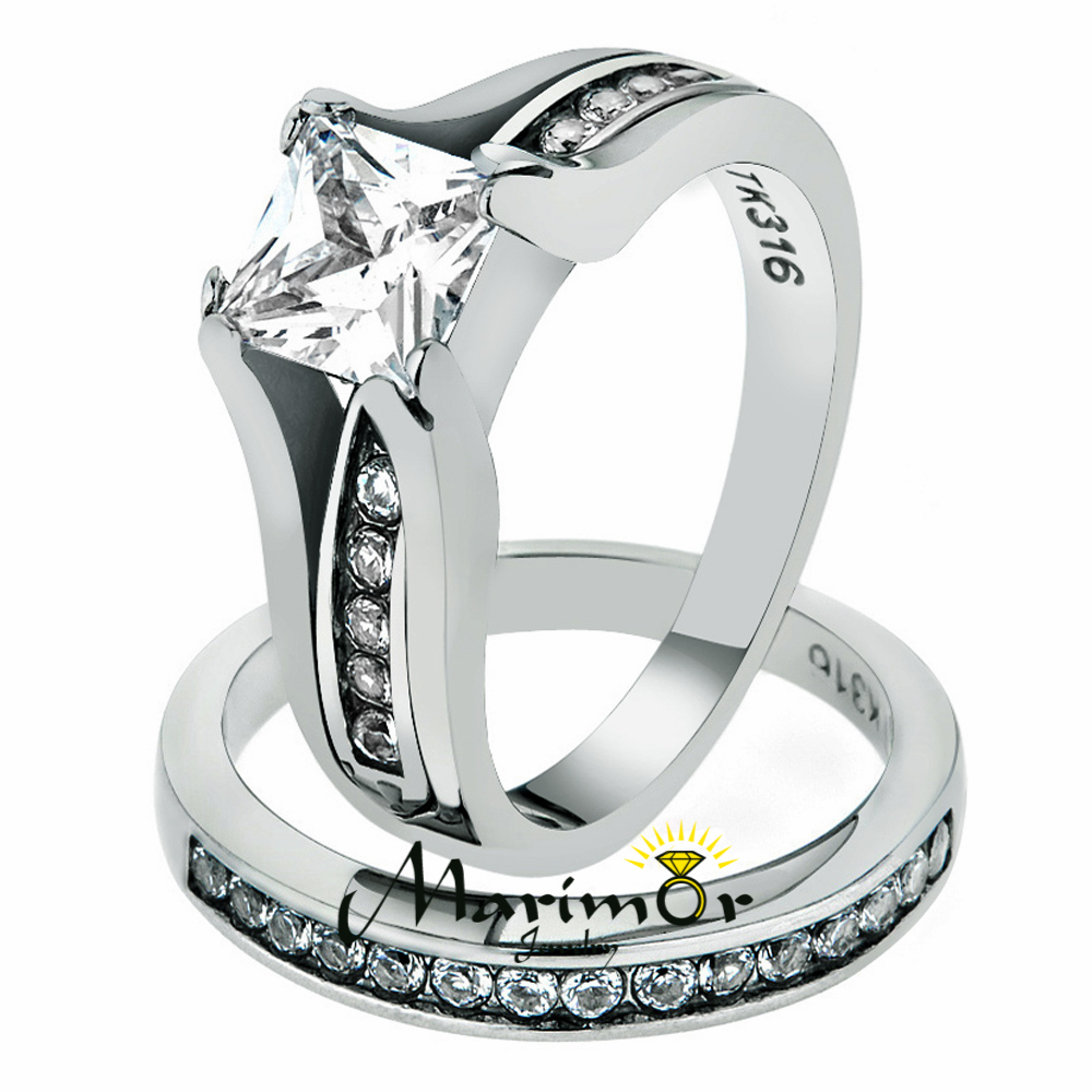 2.10 Ct Princess Cut CZ Stainless Steel Wedding Ring Set Women’s Sz 5-11