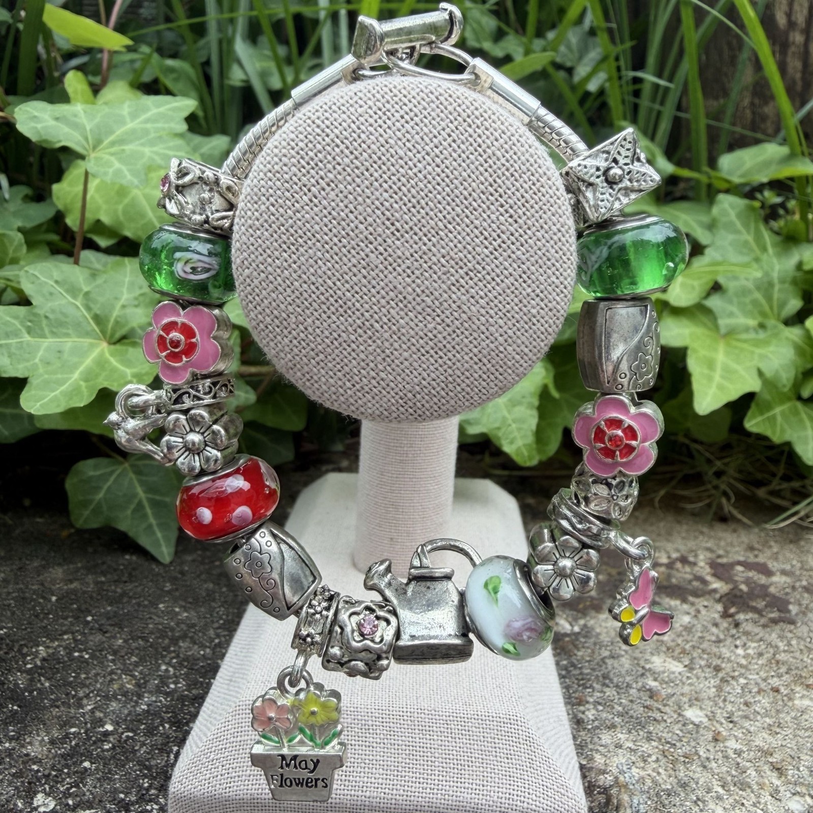 May Birthday Charm Bracelet 8″ Floral Willabee and Ward Danbury Mint Silvertone