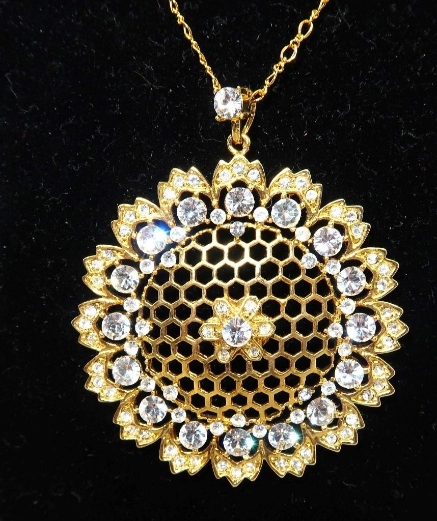 NOLAN MILLER Gold Tone Floral Pendant & Necklace w/ Clear Rhinestones, 26″ Chain