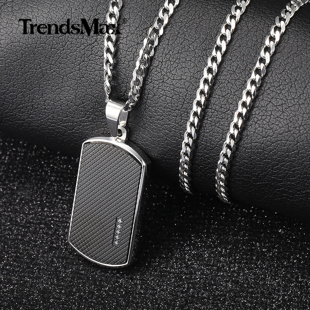 Men’s Stainless Steel Black Dog Tag Pendant Necklace with Bling CZ Bead Jewelry