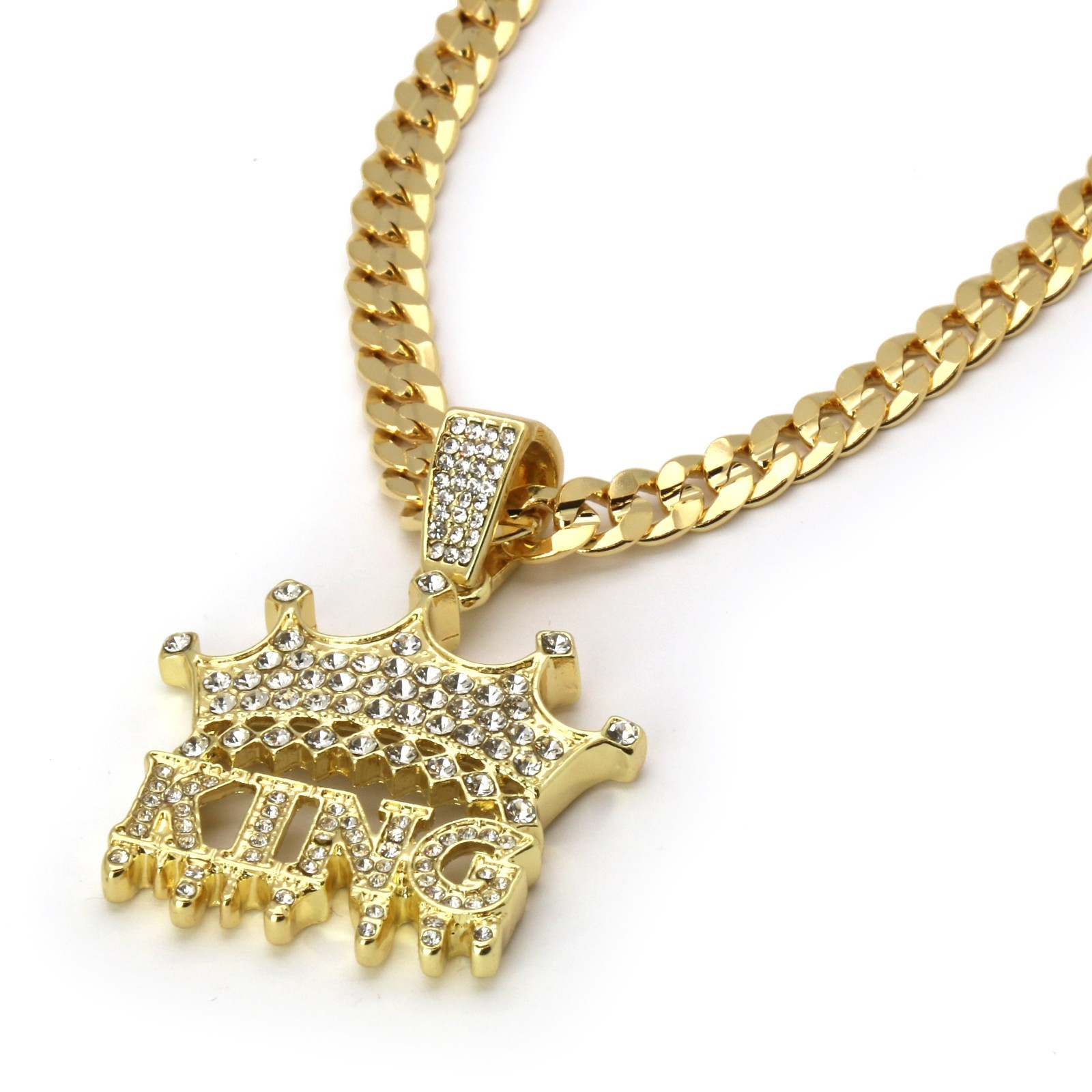Mens 14k Gold Plated Hip Hop KING Pendant Cubic-Zirconia Cuban Chain 24″ 30″