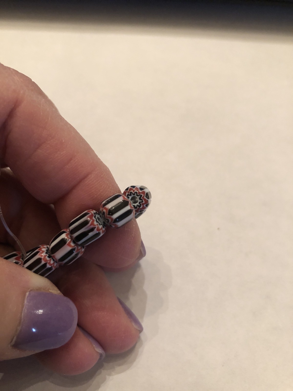 Vintage Red, White & Black Six Layer Glass Chevron Barrel Bead Strand