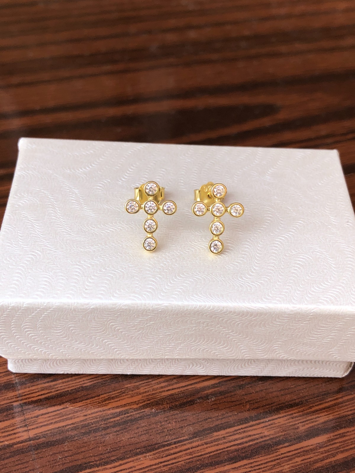 925 Sterling Silver Bezel CZ Cross Stud Earrings Gold Women Girls 12.5mm/0.49″