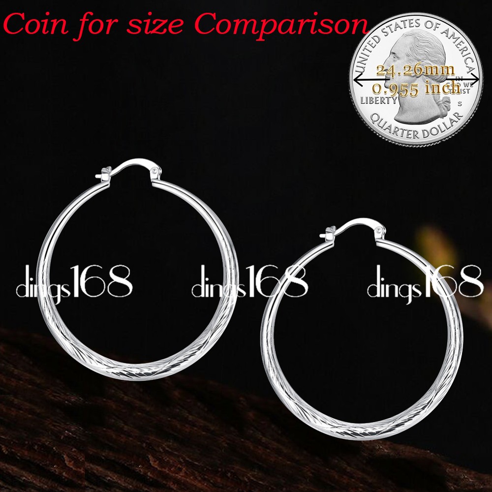 Ladies 925 Sterling Silver Classic Fish Scale 1.5″ Medium Size Hoop Earrings E19