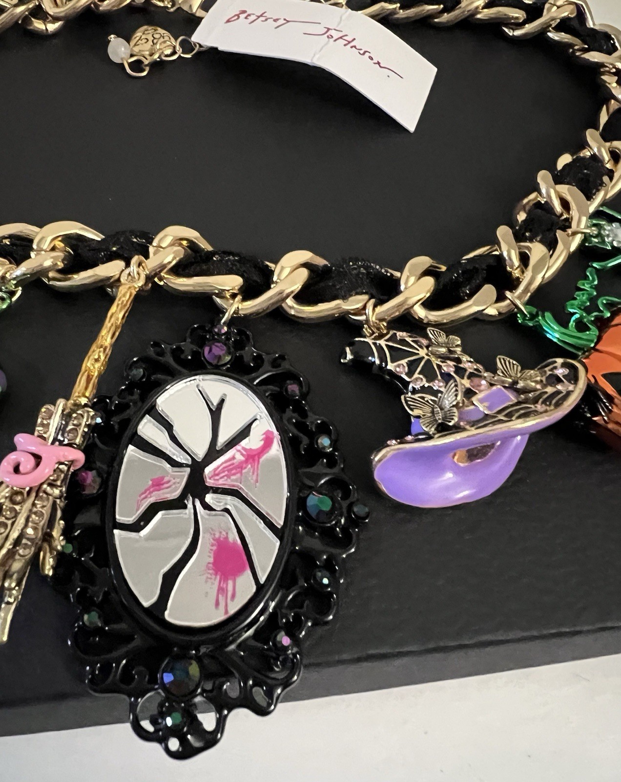 Betsey Johnson Necklace Halloween Pumpkin, Mirror, Cat, Witch Broom ,snake Charm