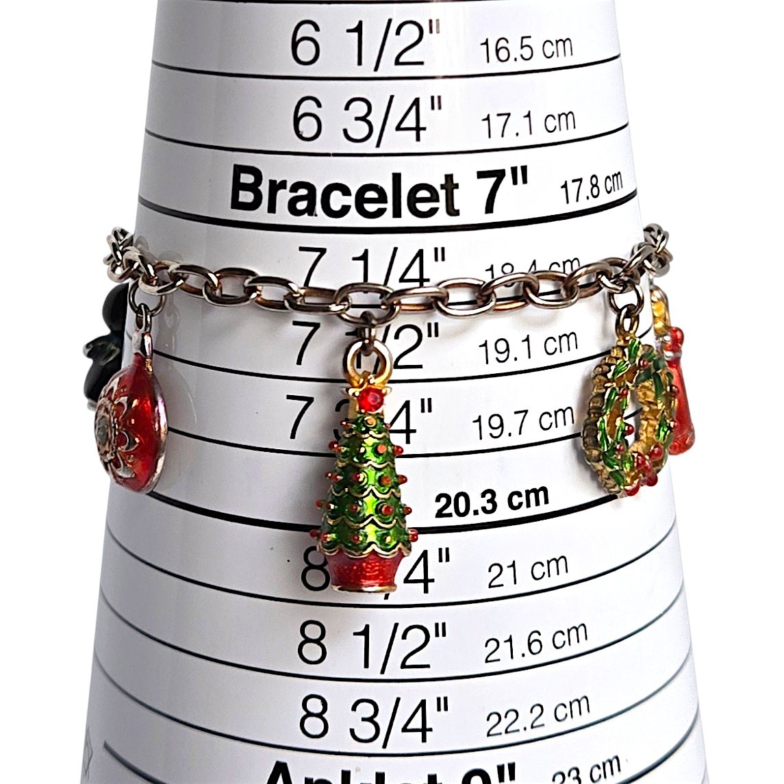 Vtg Christopher Radko Christmas Charm Bracelet Enamel Tree Angel Wreath 7.25”
